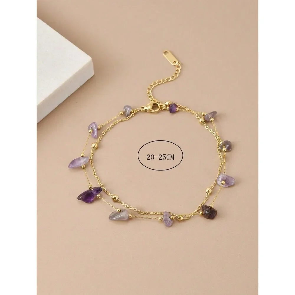 Natural Amethyst Stone Stainless Bracelet Anklet Handmade Goldtone Adjustable - Picture 3 of 5